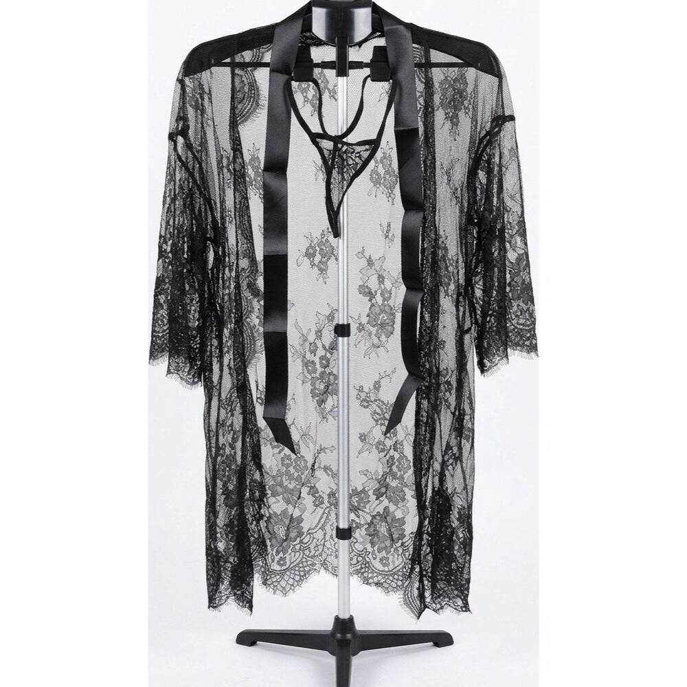Narcisse Womens Black Lace Lingerie Robe Set - Med